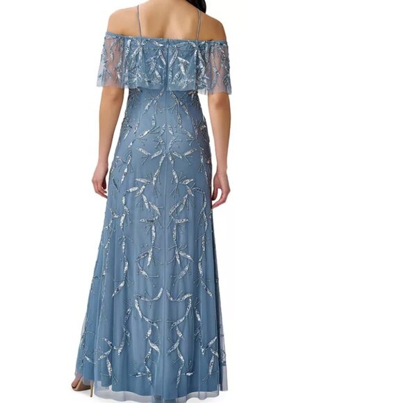 Aidan Mattox Blue Silver Beaded Sequin Off the Shoulder Halter Gown Size 2 NEW - Picture 5 of 7